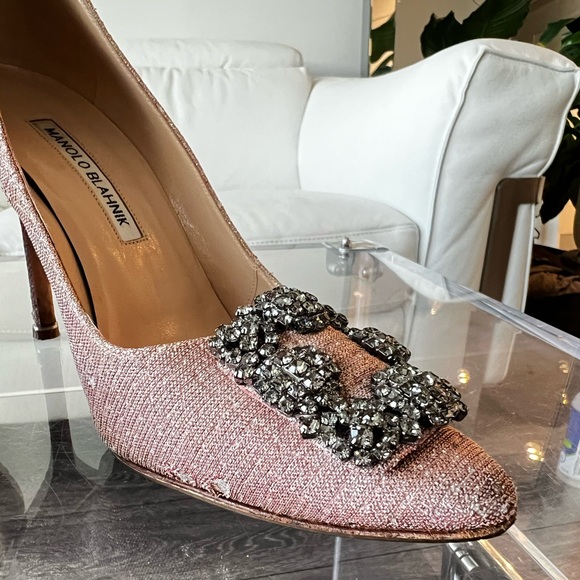 MANOLO BLAHNIK HANGISI PINK GLITTER TEXTILE STILETTO HEELS WITH CRYSTALS - Picture 7 of 10